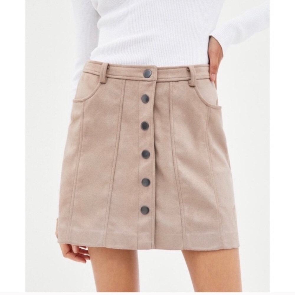Zara Beige Faux-Suede Button Skirt, Size M